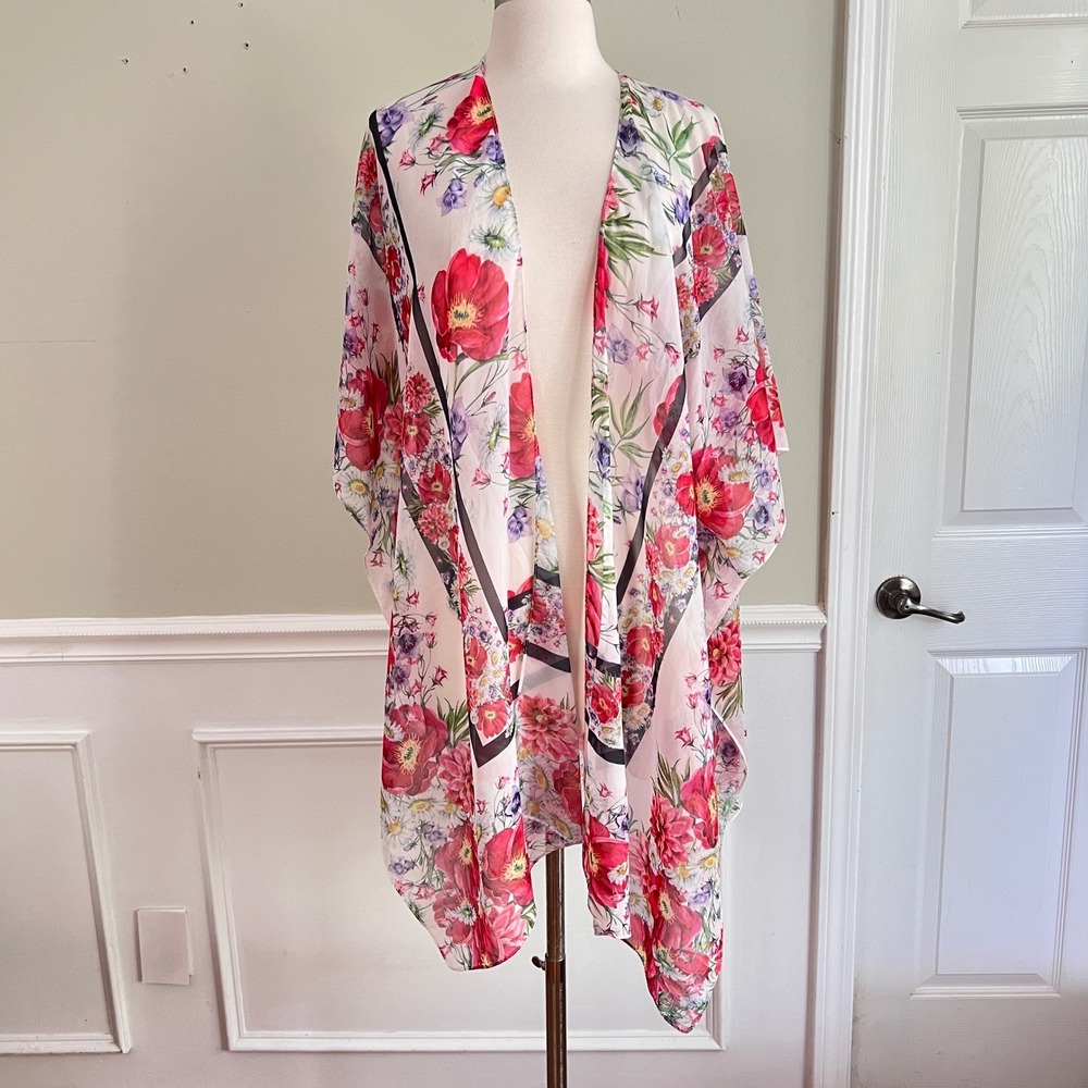 J Sunny Floral Kimono Cardigan Womens OS Sheer Open Front White Red Boho Coverup